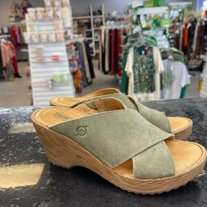 Born Olive Suede Crisscross Wedge Sandals